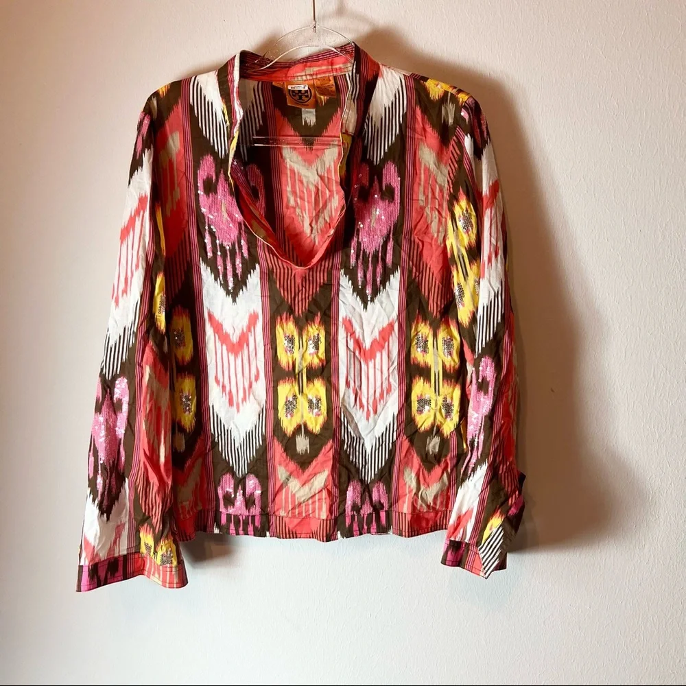 Tory Burch Boho Sequins Embellished Tunic ikat  top orange/ brown size 8